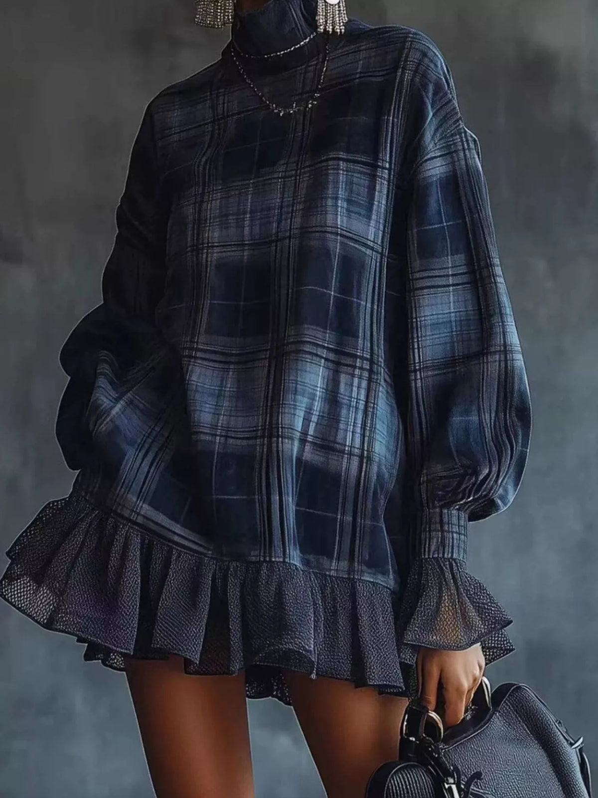 Plaid high-neck ruffle-hem mini dress