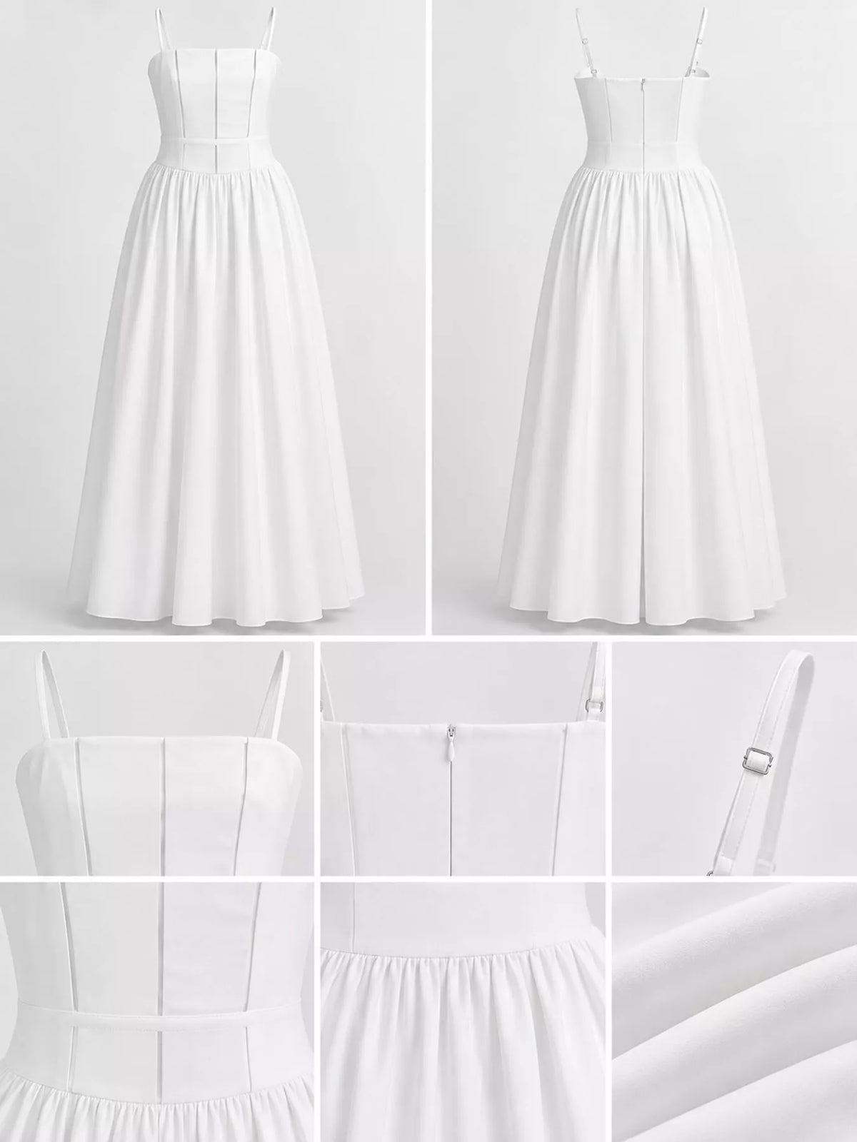 Women's Paneled Bodice Gathered Midi Dress in white — detail collage view