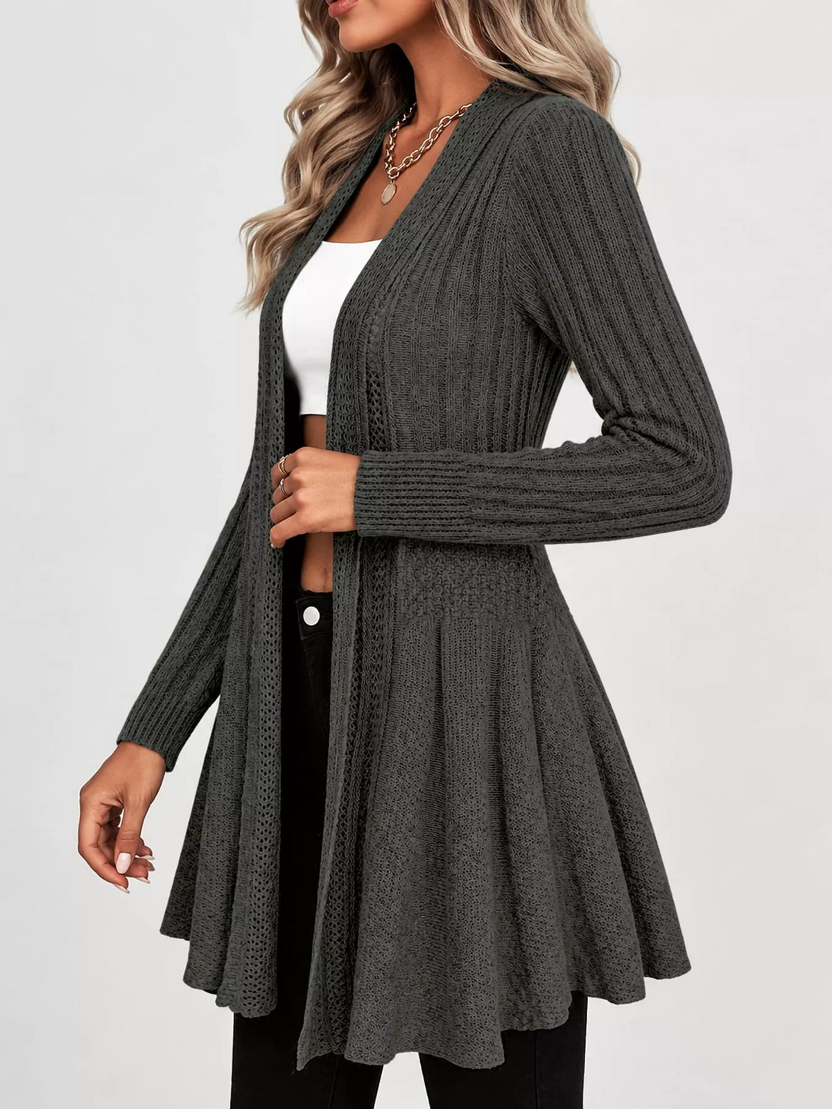 Dark Gray ribbed knit open front flared cardigan