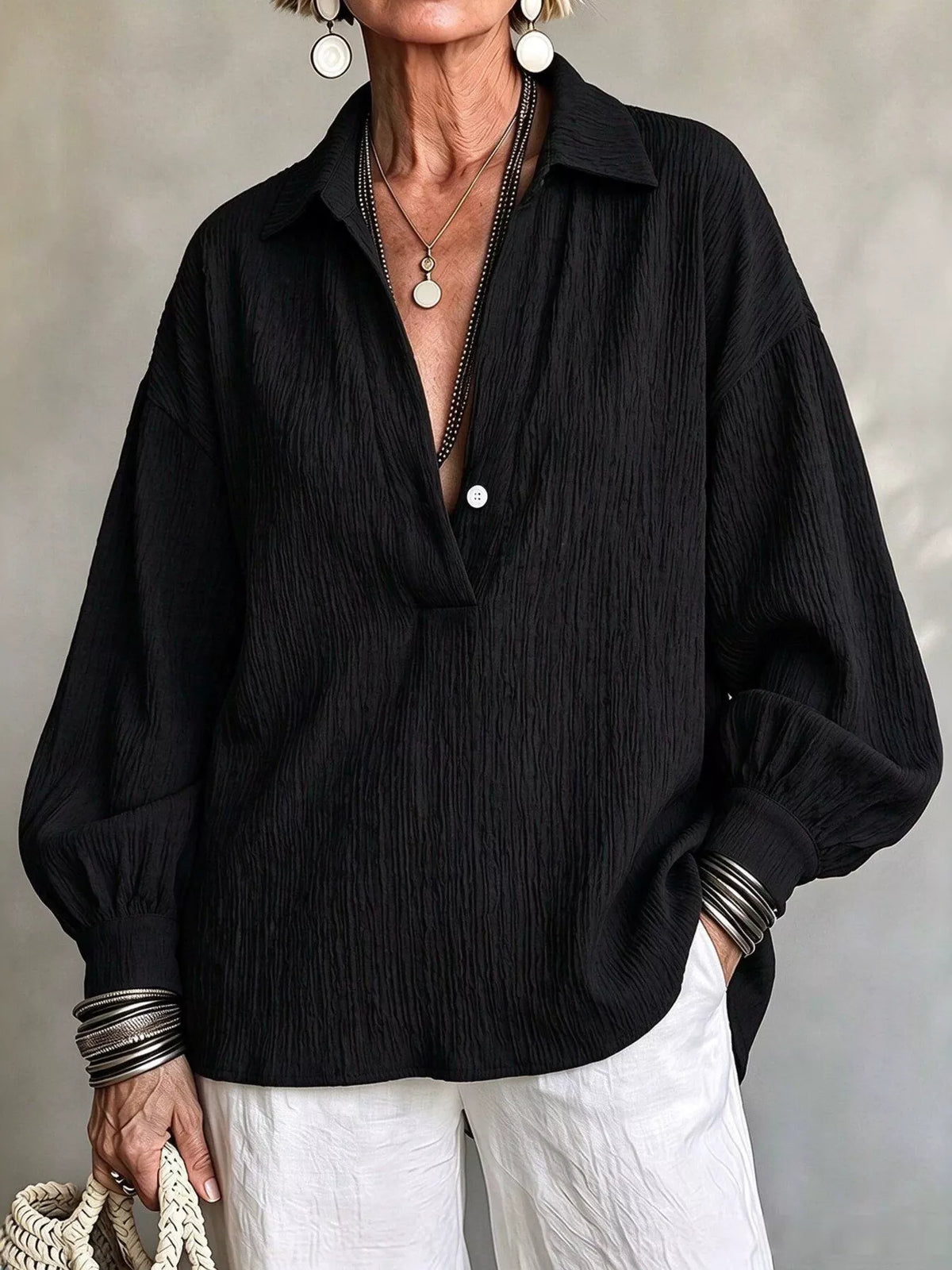 Women's Textured Lantern Sleeves Blouse in black — front view