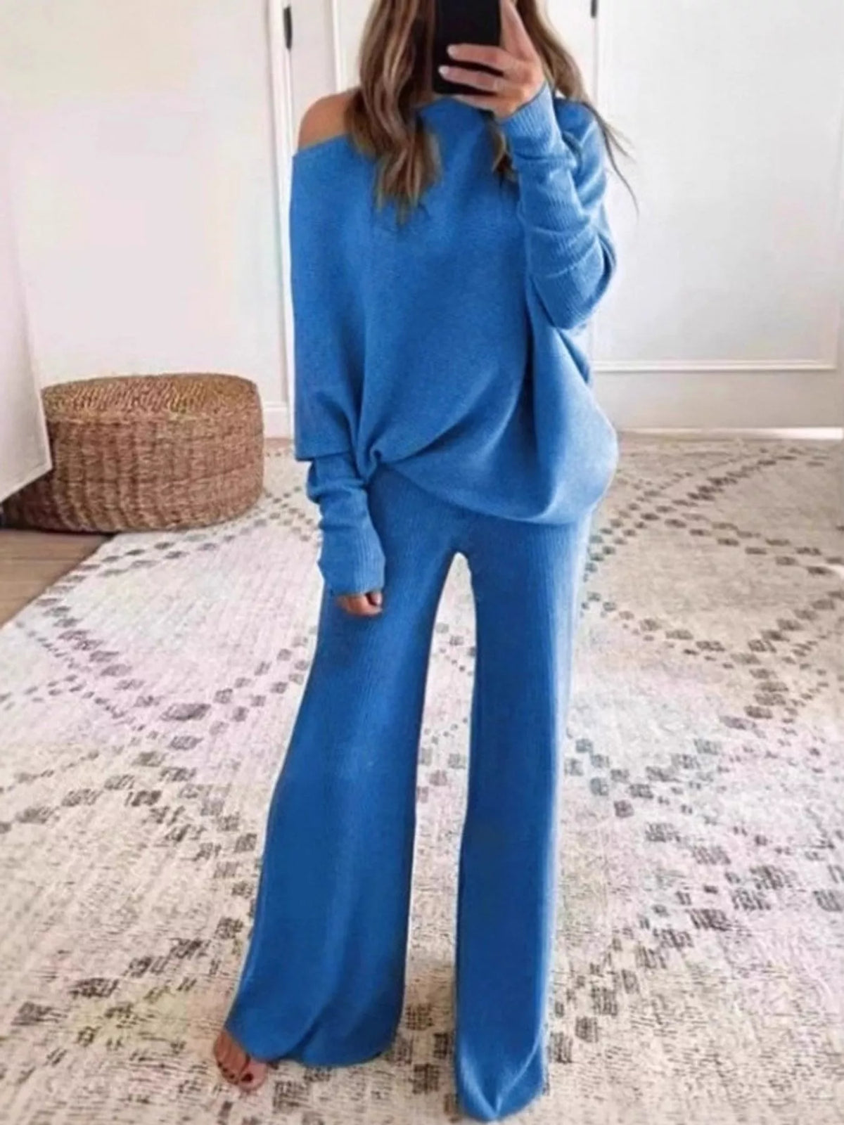 Asymmetric neck long sleeve outfit set, front view on model