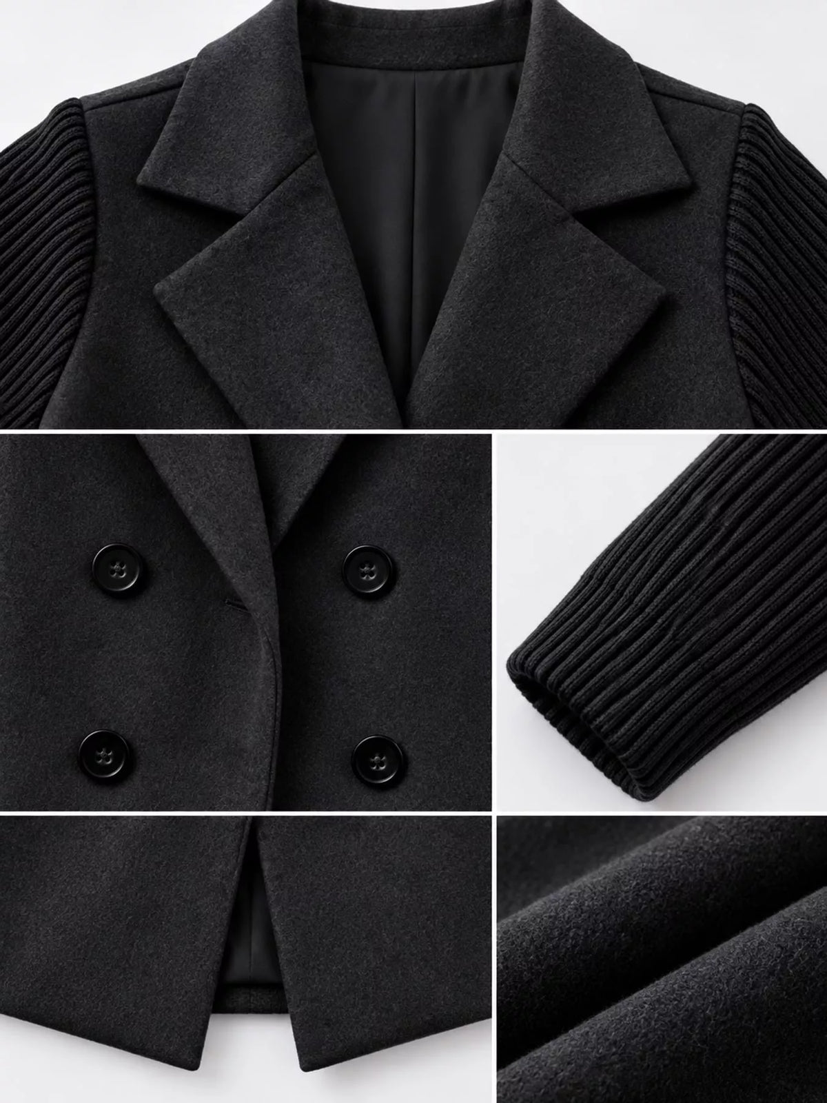 Black double-breasted lapel collar blazer — design and construction details
