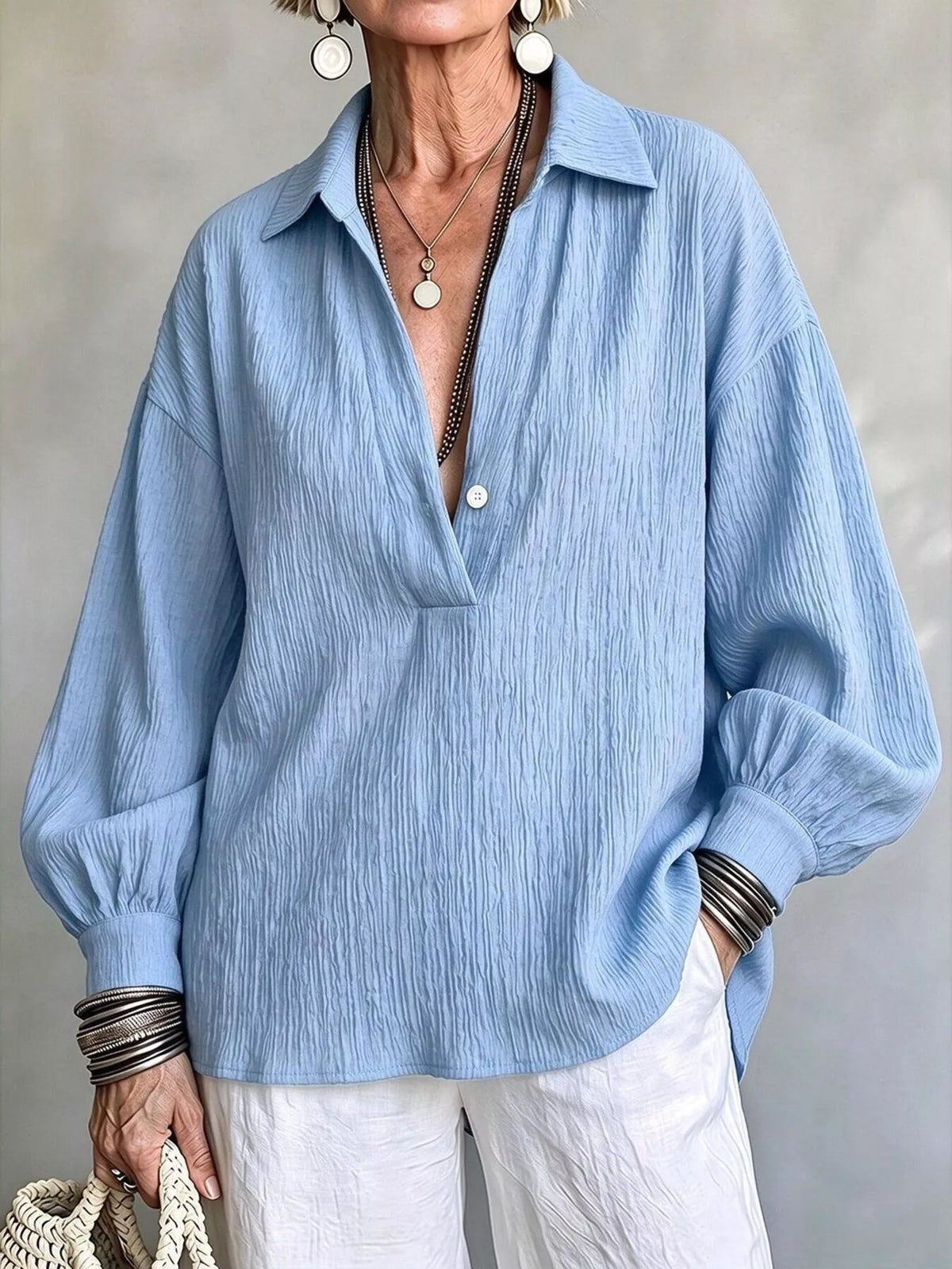 Women's Textured Lantern Sleeves Blouse in light blue — front view