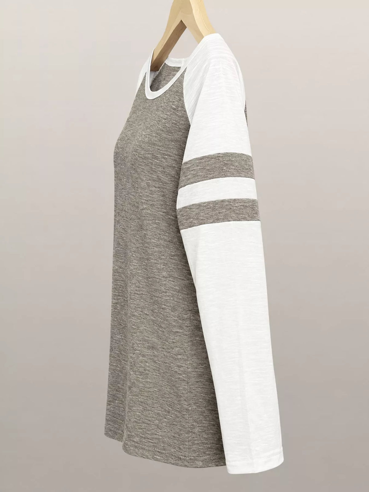 Gray color-block raglan sleeve striped t-shirt, side view
