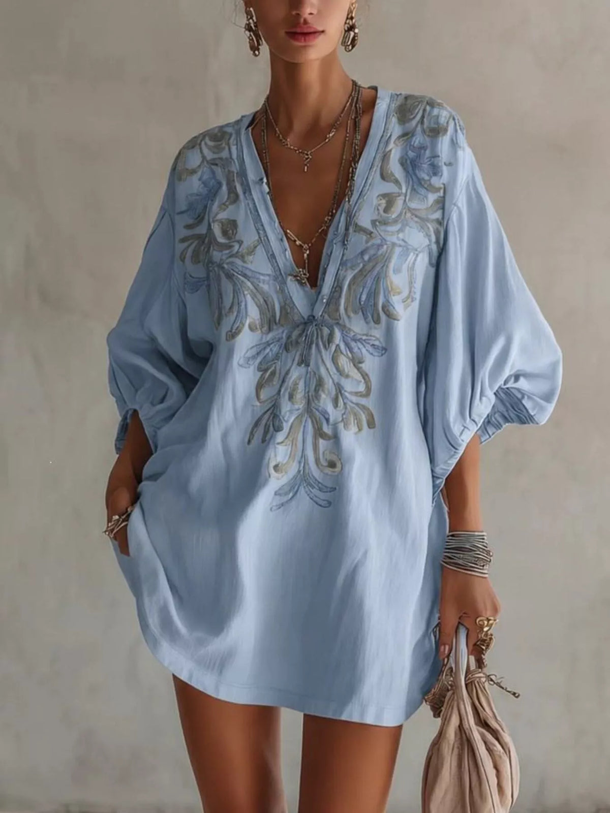 Light blue embroidered v-neck mini dress