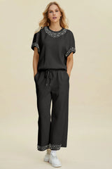 Trendsi Double Take Full Size Pearl Detail Round Neck Top and Pants Set -