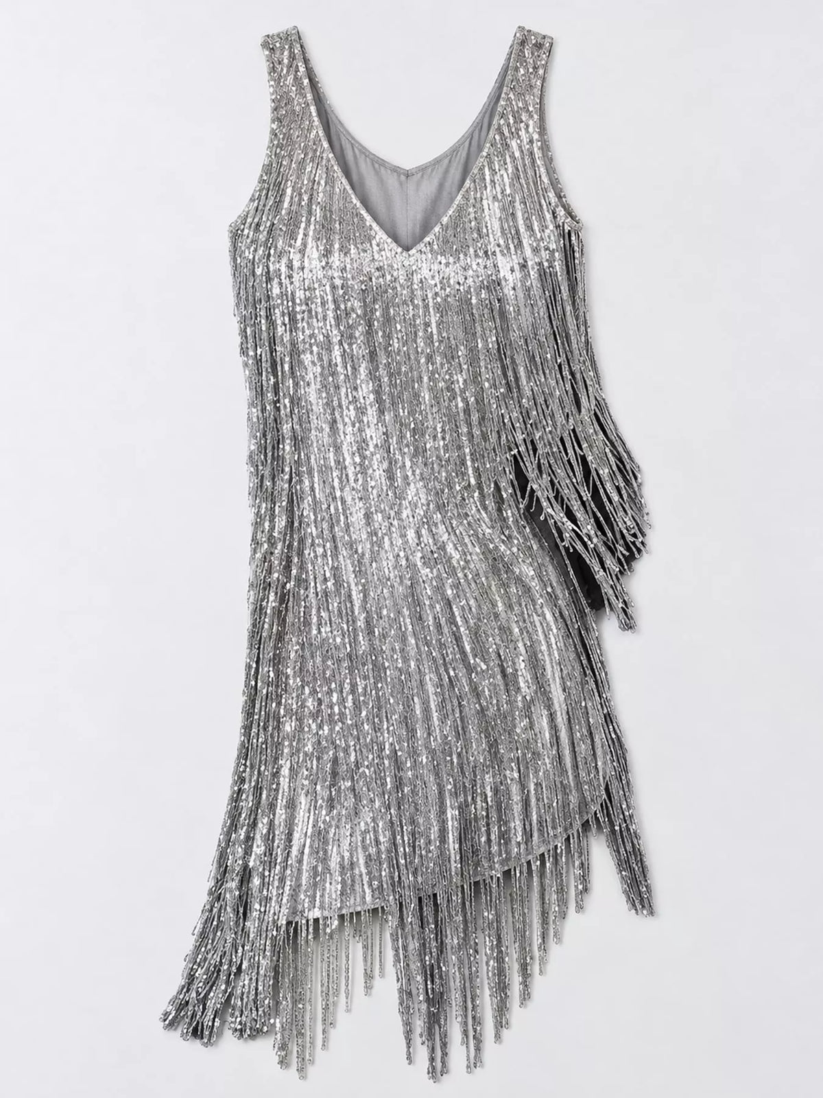 Silver Gray fringe sequin v-neck mini dress