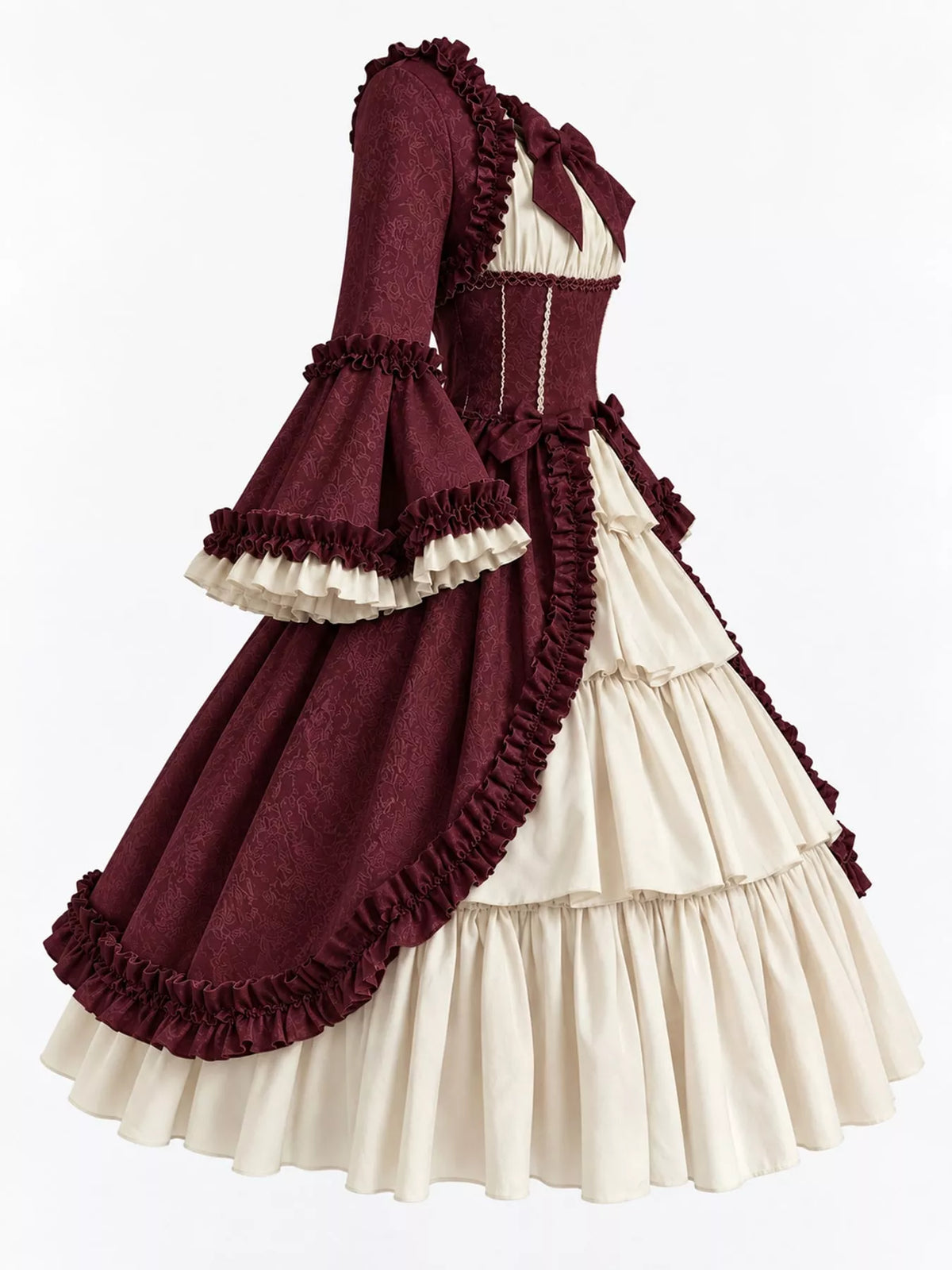 Vintage Lolita Ruffled Layered Dress in burgundy and cream