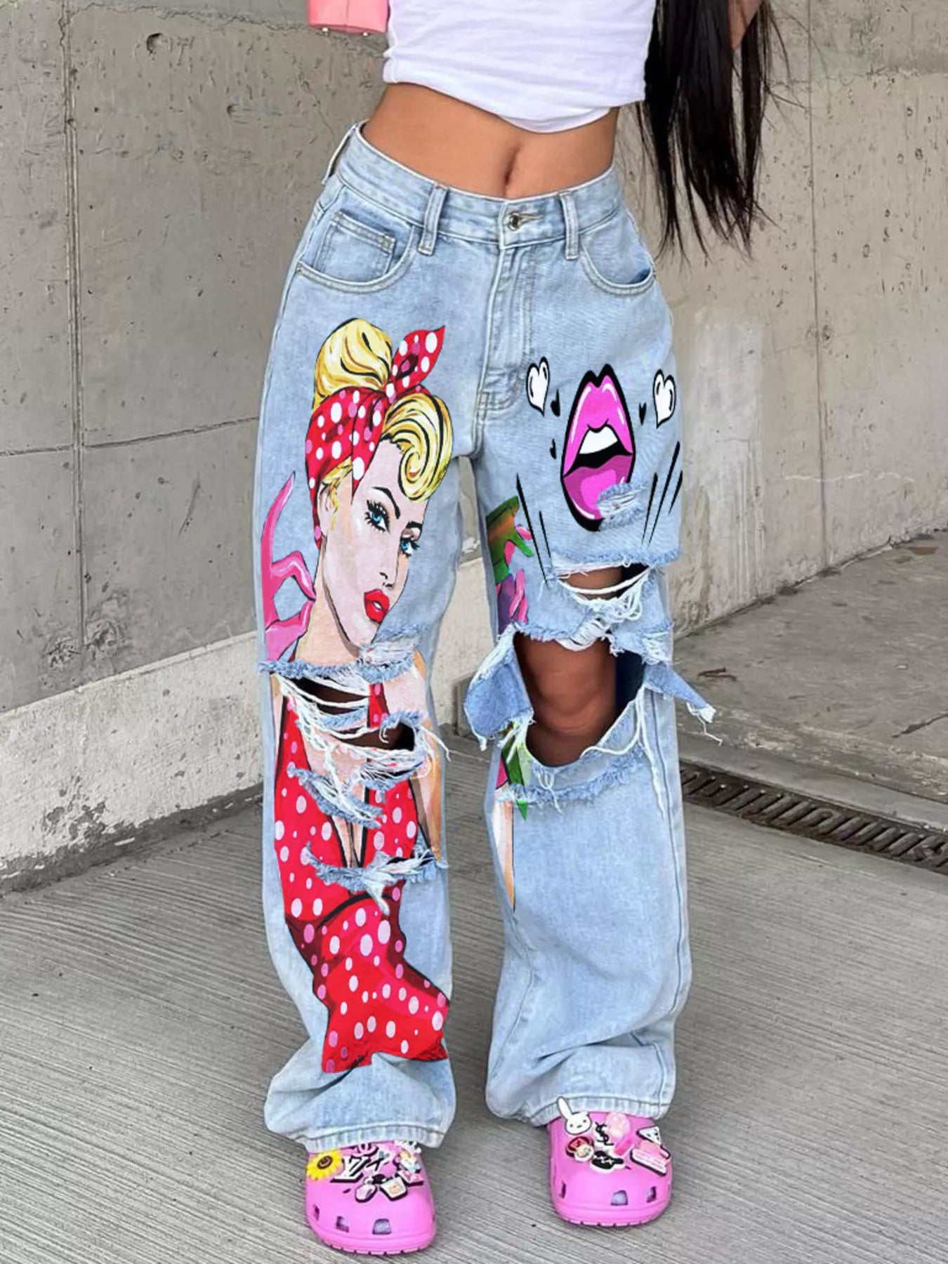 Trendsi Full Size Art Print Distressed Wide-Leg Jeans Plus Size -