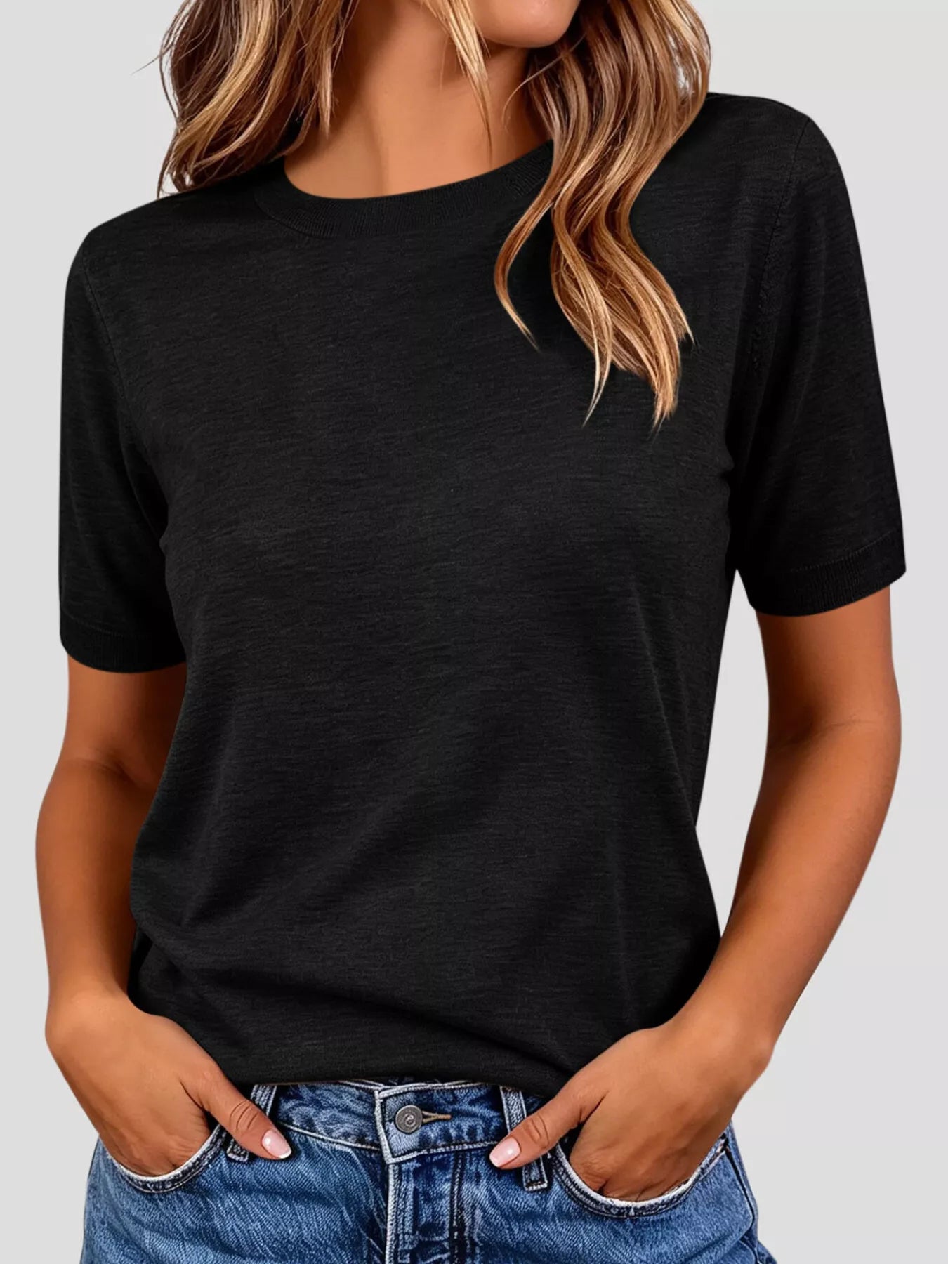 Trendsi Classic Crew Neck Short Sleeve Knit Top -