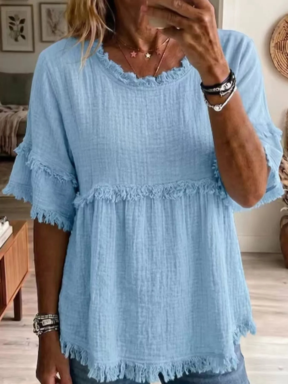 Blue frayed edge textured blouse