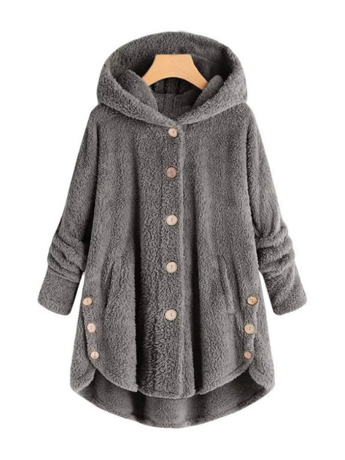 Dark gray fleece button-up hooded jacket with curved high-low hem