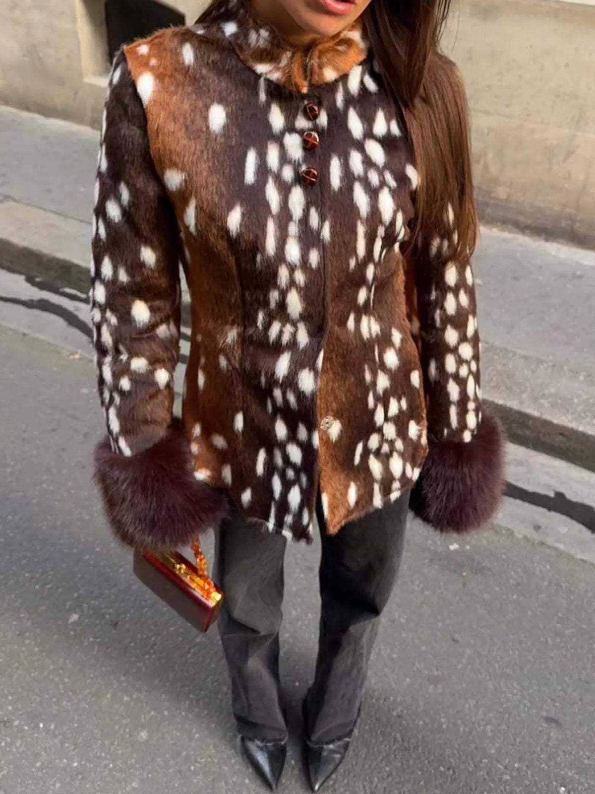 Mock neck long sleeve jacket, front view on model