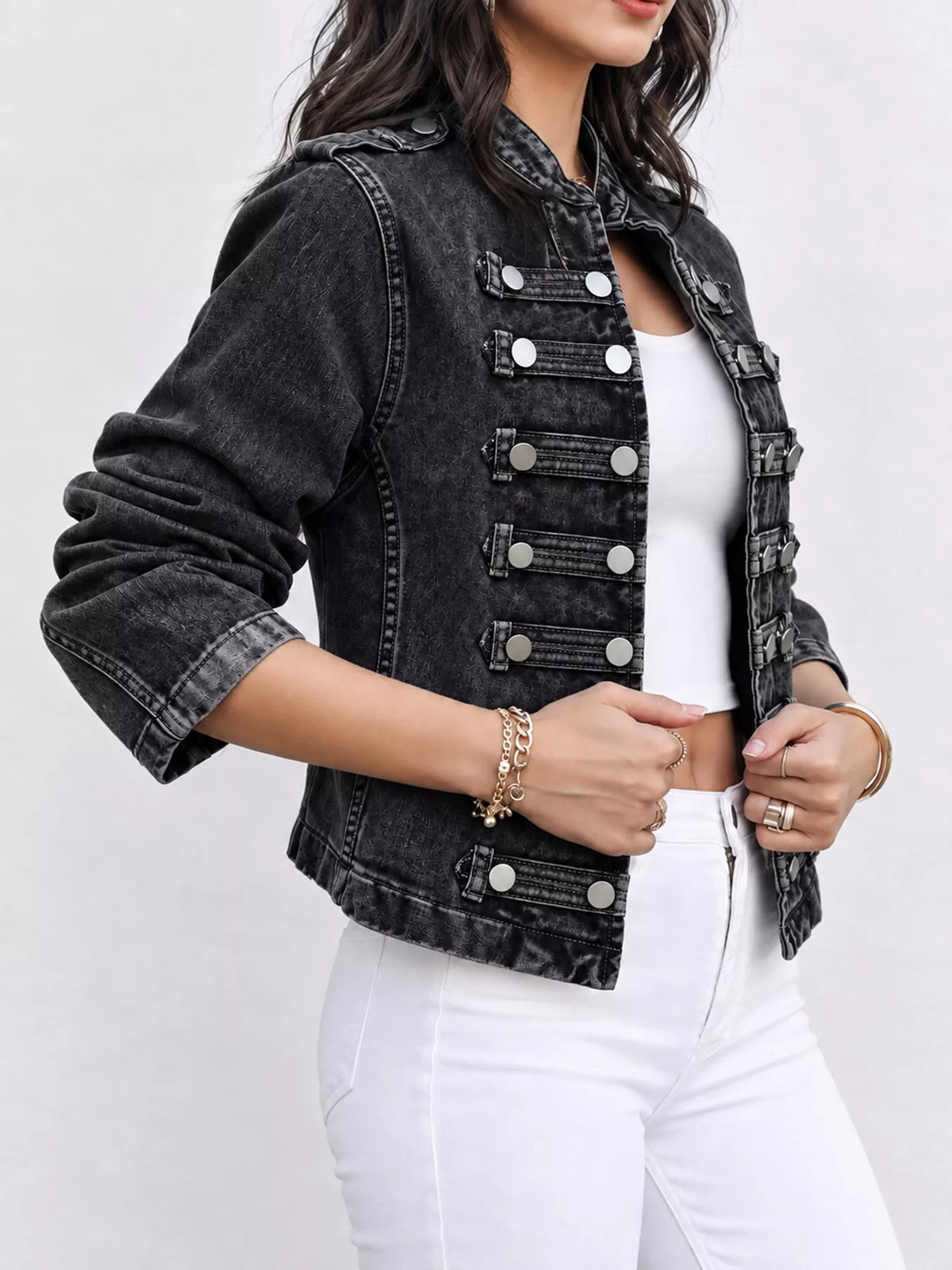 Decorative Button Cropped Denim Jacket — side view