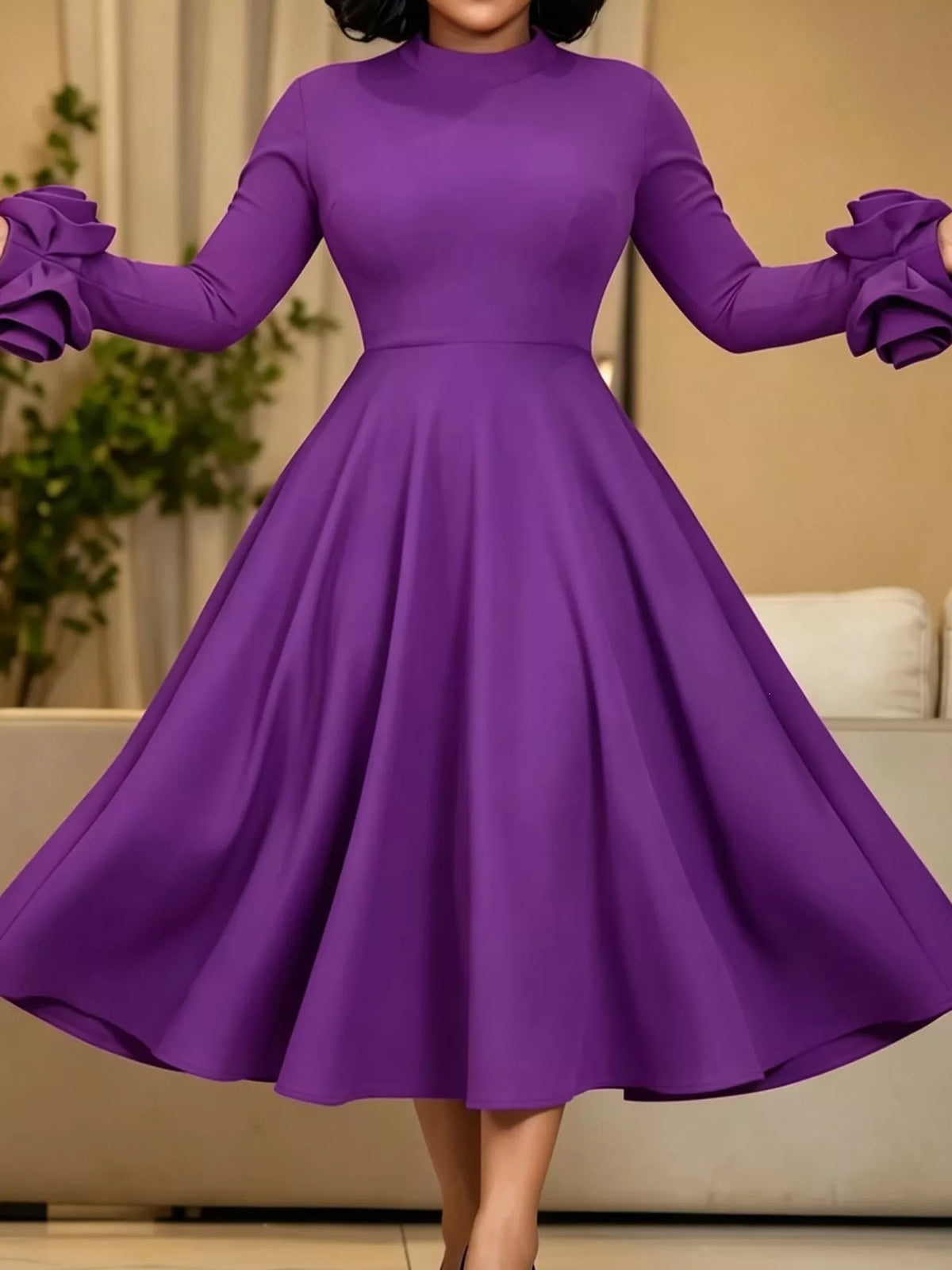 Mock neck long sleeve midi dress, front view on model