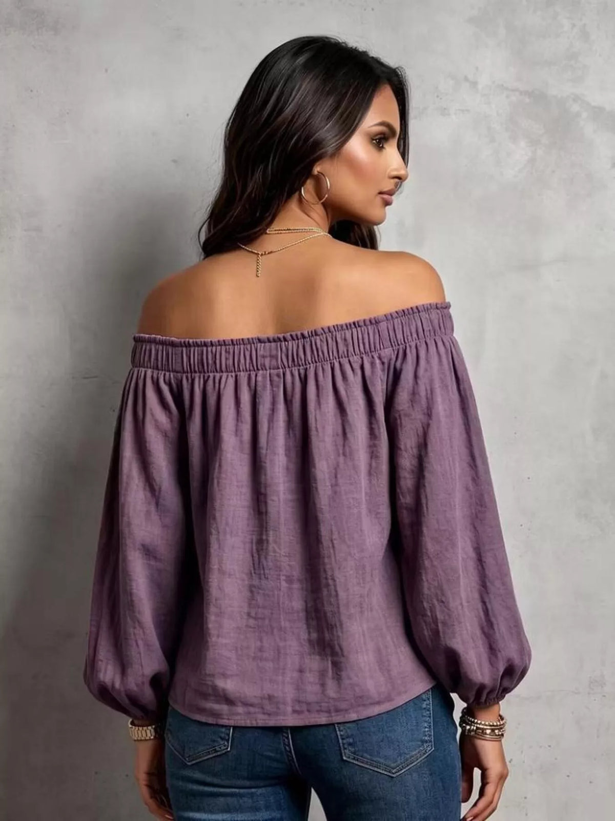 Mauve off-shoulder long sleeve blouse, back view