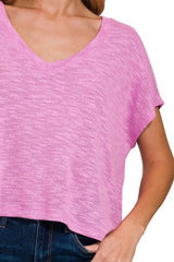 Trendsi Zenana Hacci Slub V-neck Drop Shoulder Crop Top -