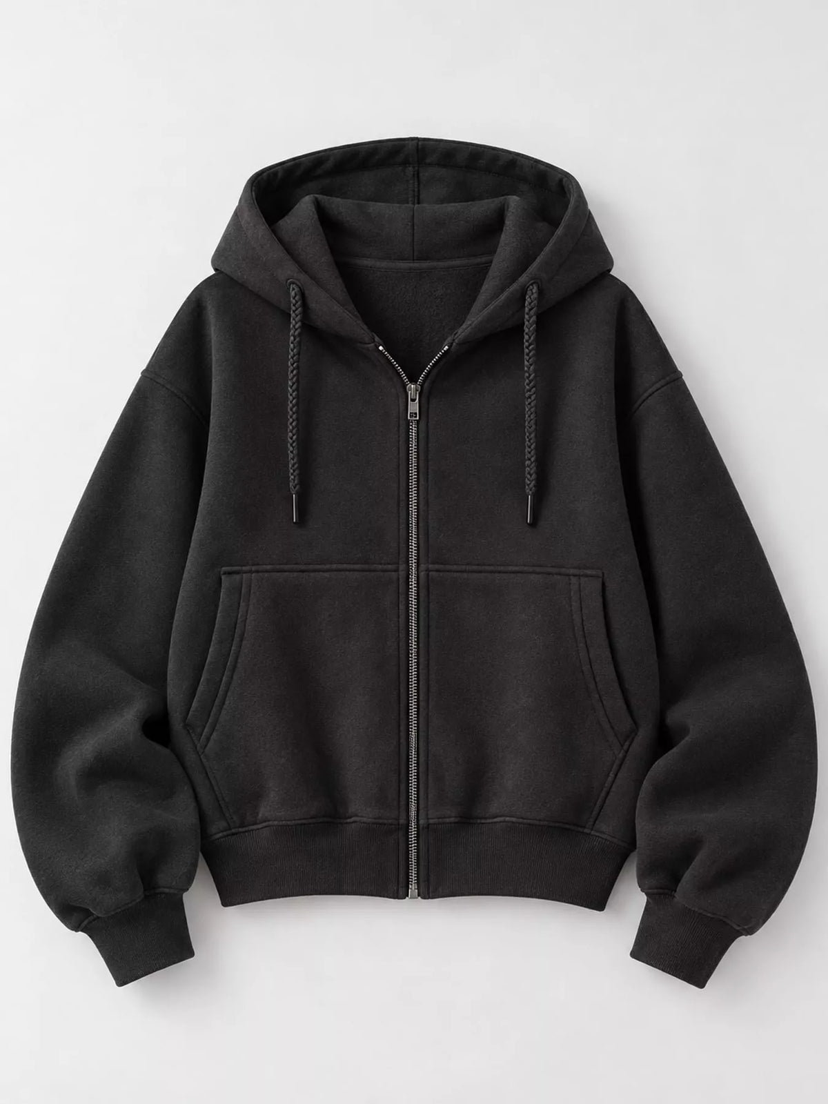 Black oversized zip-up cropped hoodie
