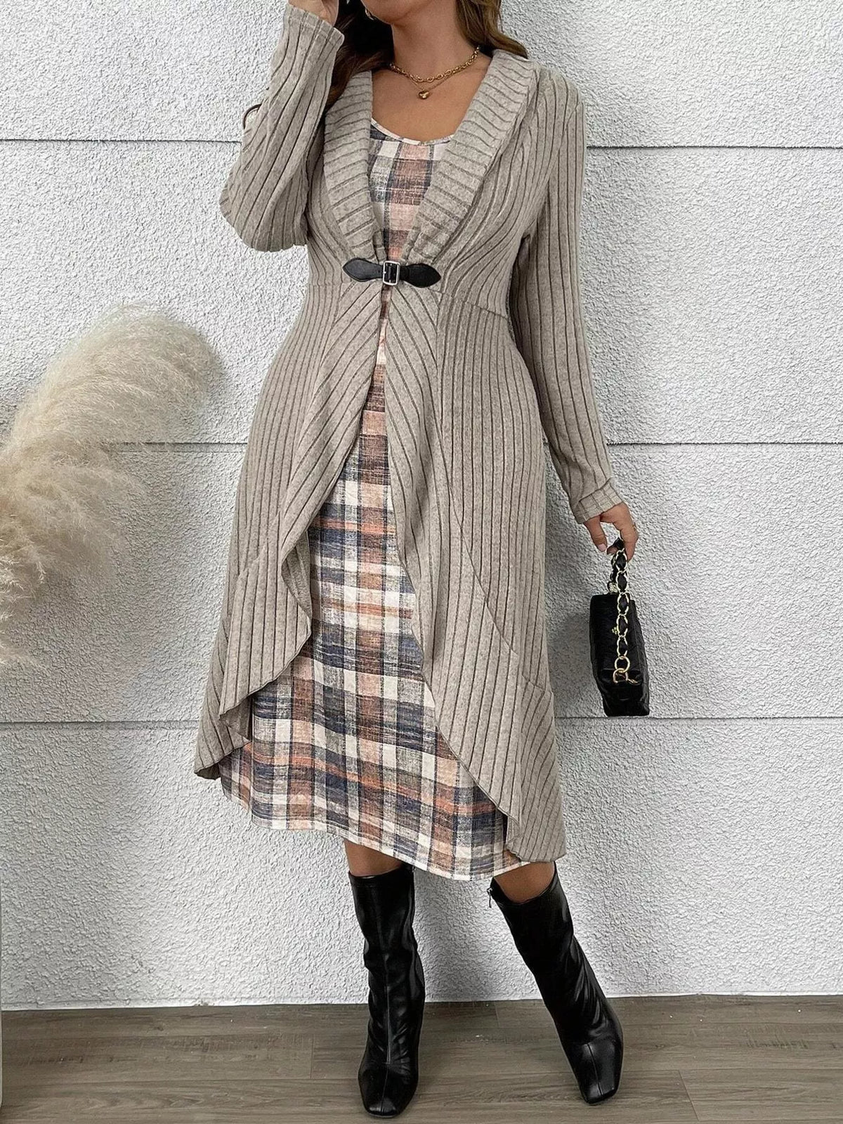 Taupe and plaid ribbed cardigan and plaid dress set, set front view with arm raised