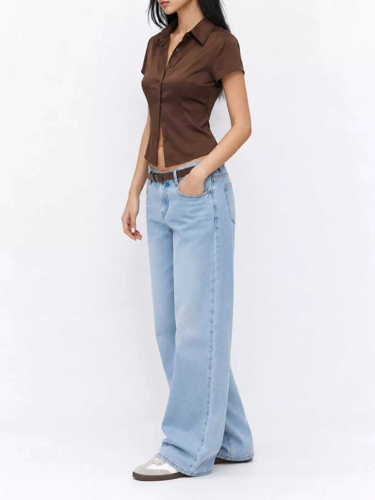Satin Short Sleeve Button-Down Shirt in brown