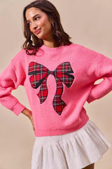 Trendsi SO ME Checker Plaid Ribbon Christmas Holiday Sweater -
