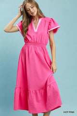 Trendsi Umgee Contrast Trim Midi Dress with Tiered Ruffle Hem -