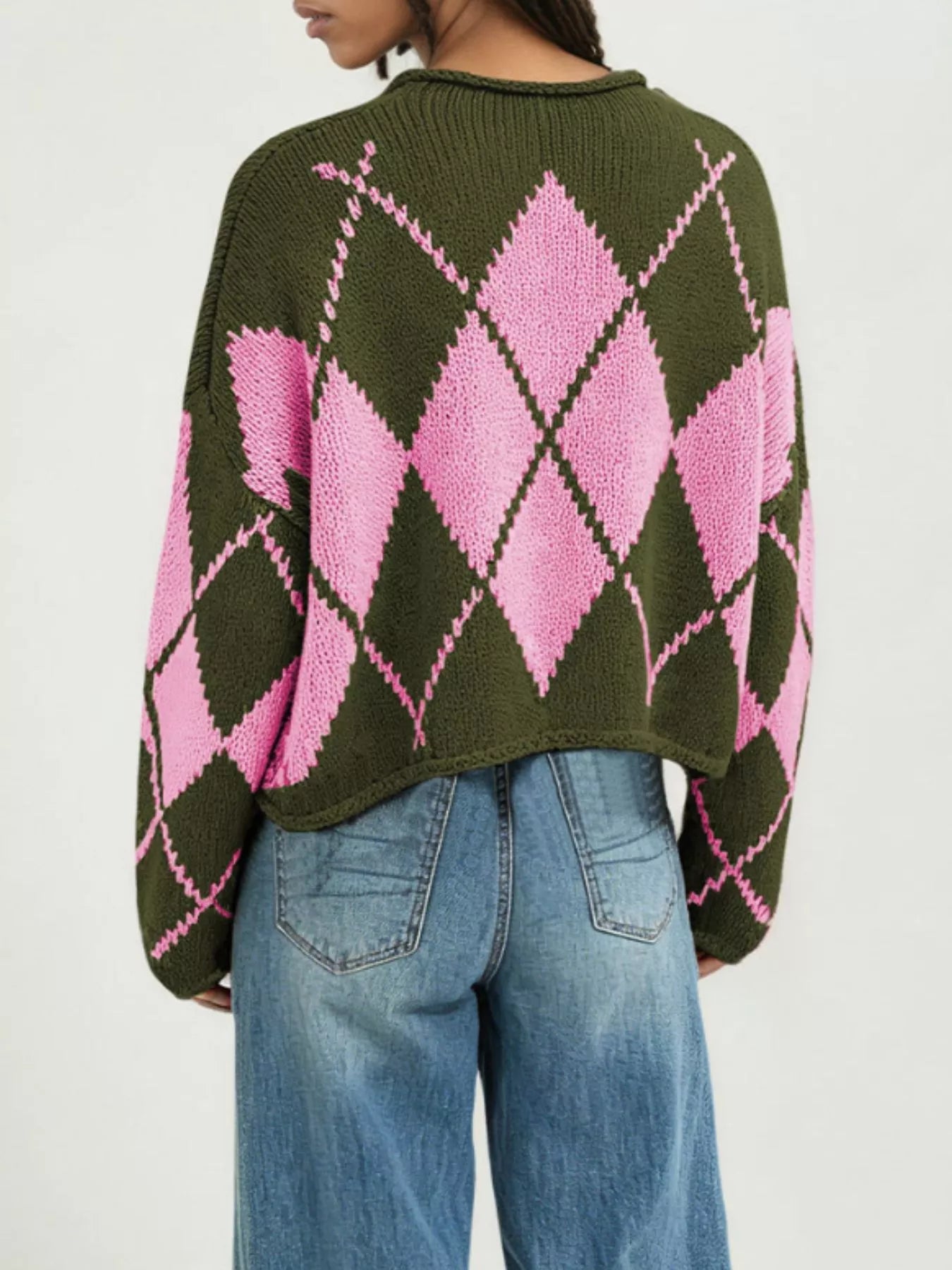 Trendsi Argyle Pattern Knit Dropped Shoulder Sweater -