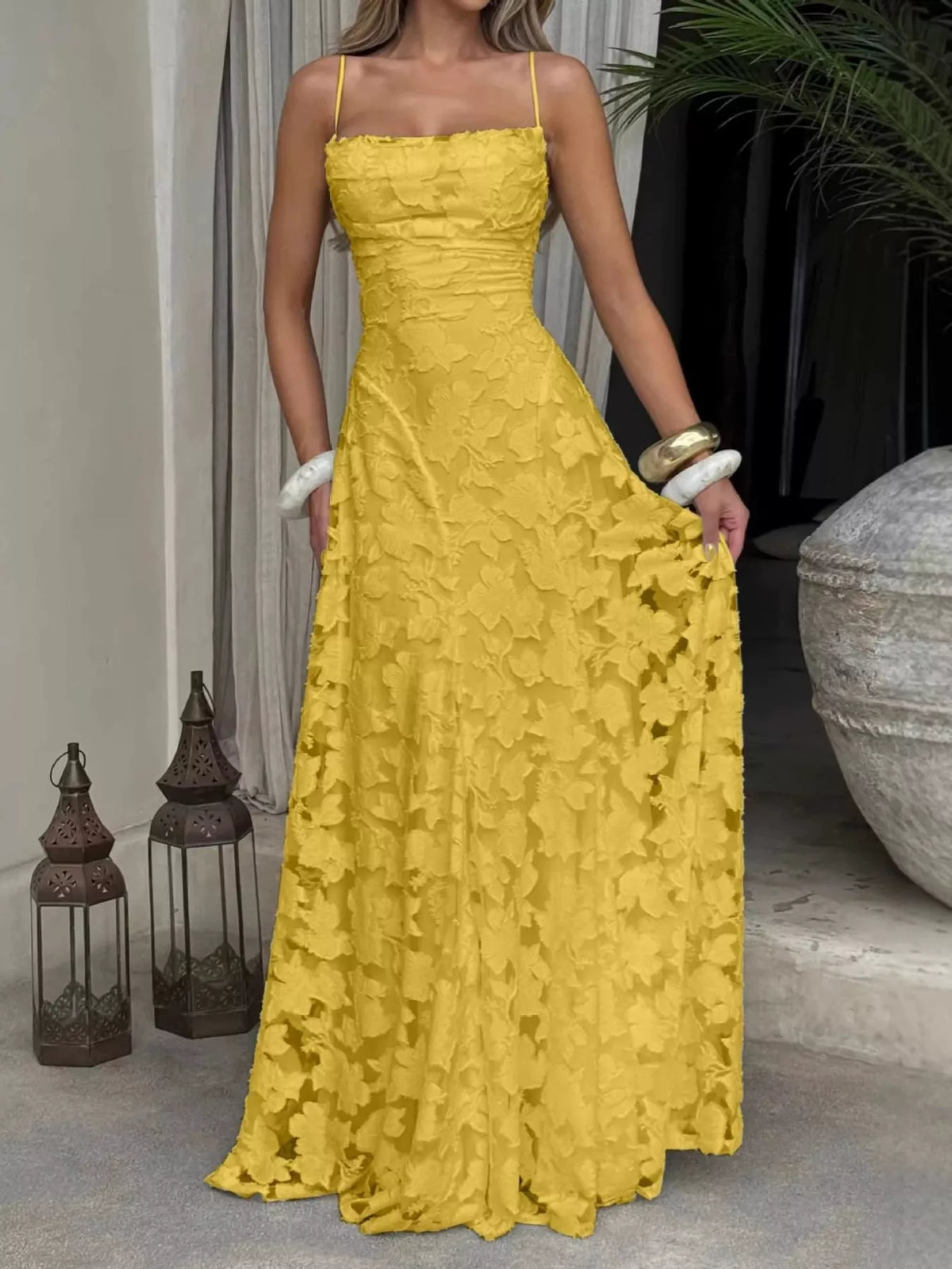Yellow backless lace maxi dress, front view