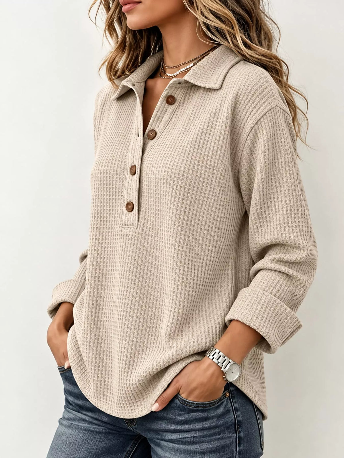 Beige waffle knit long sleeve polo top, side view