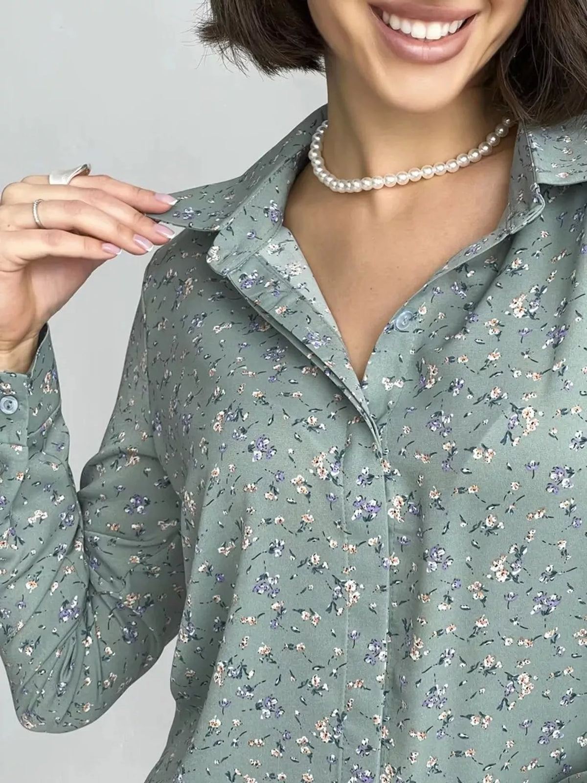 Button-up shirt, green floral collar