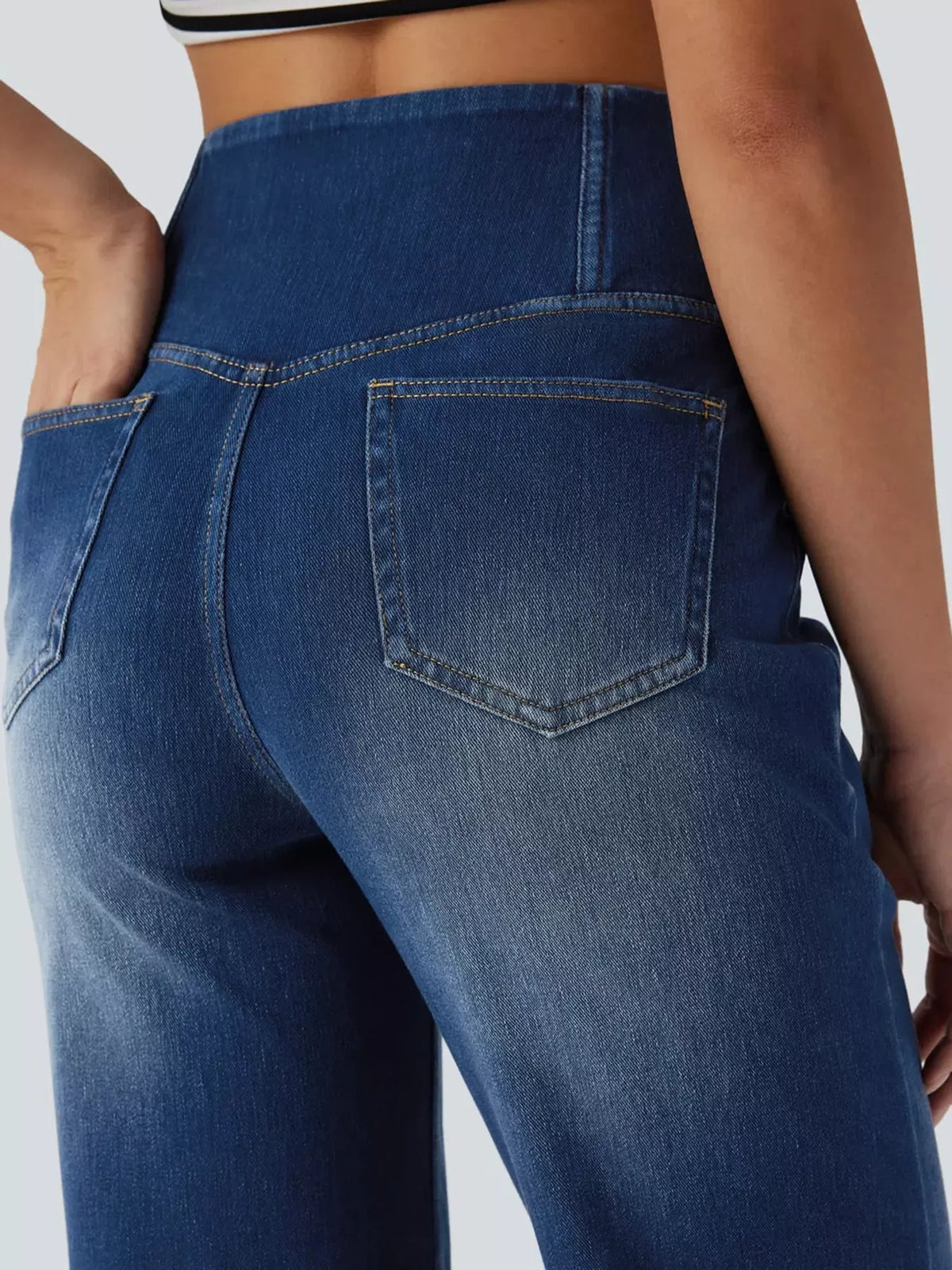 High-Waisted Crossover Straight-Leg Jeans, back pocket detail