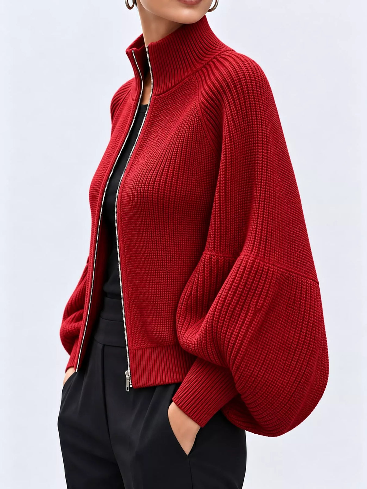 Red ribbed knit zip-up lantern sleeve cardigan