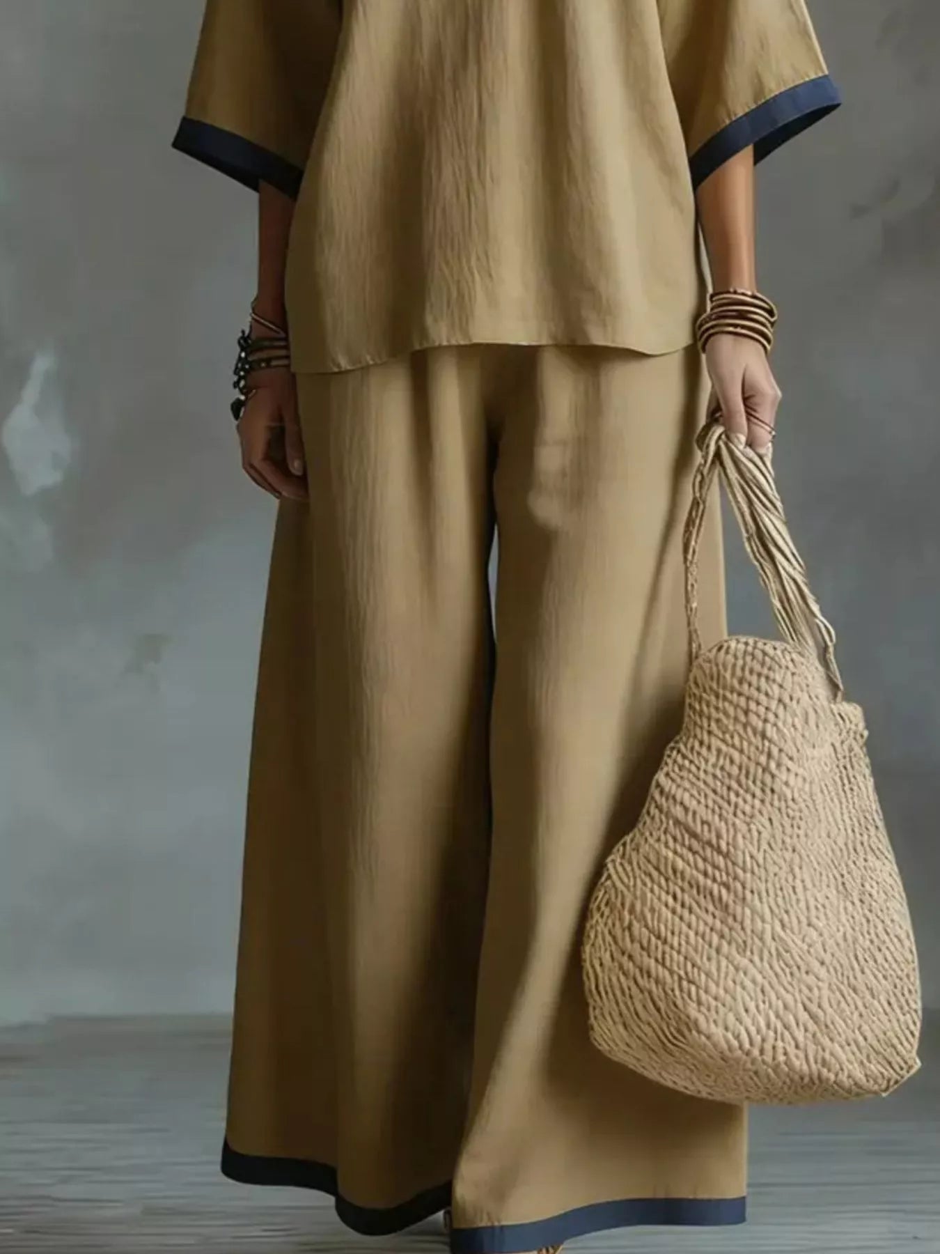 Trendsi Full Size Contrast Trim V-Neck Top and Pants Set Plus Size -