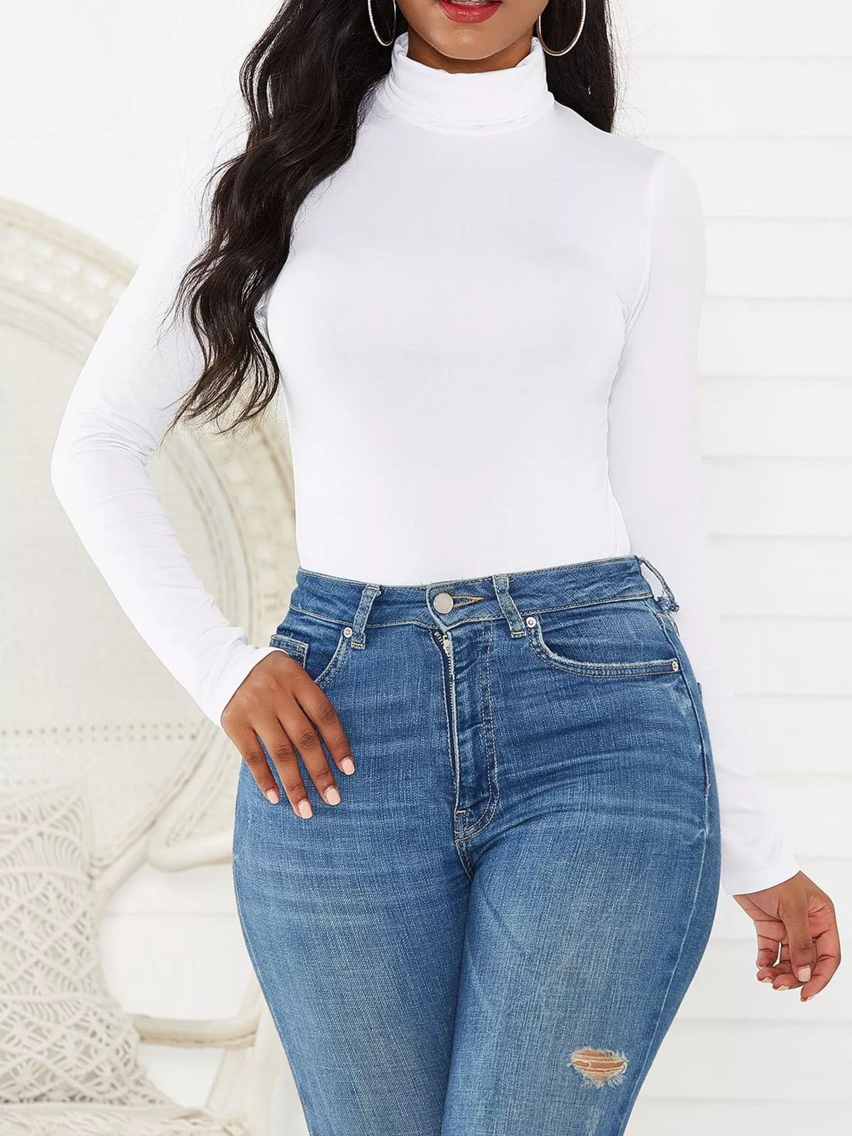 Long Sleeve Turtleneck Slim-Fit Bodysuit in white