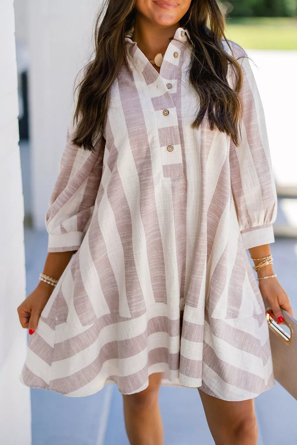 Trendsi Striped Button-Up Three-Quarter Sleeve Shift Dress - Dresses