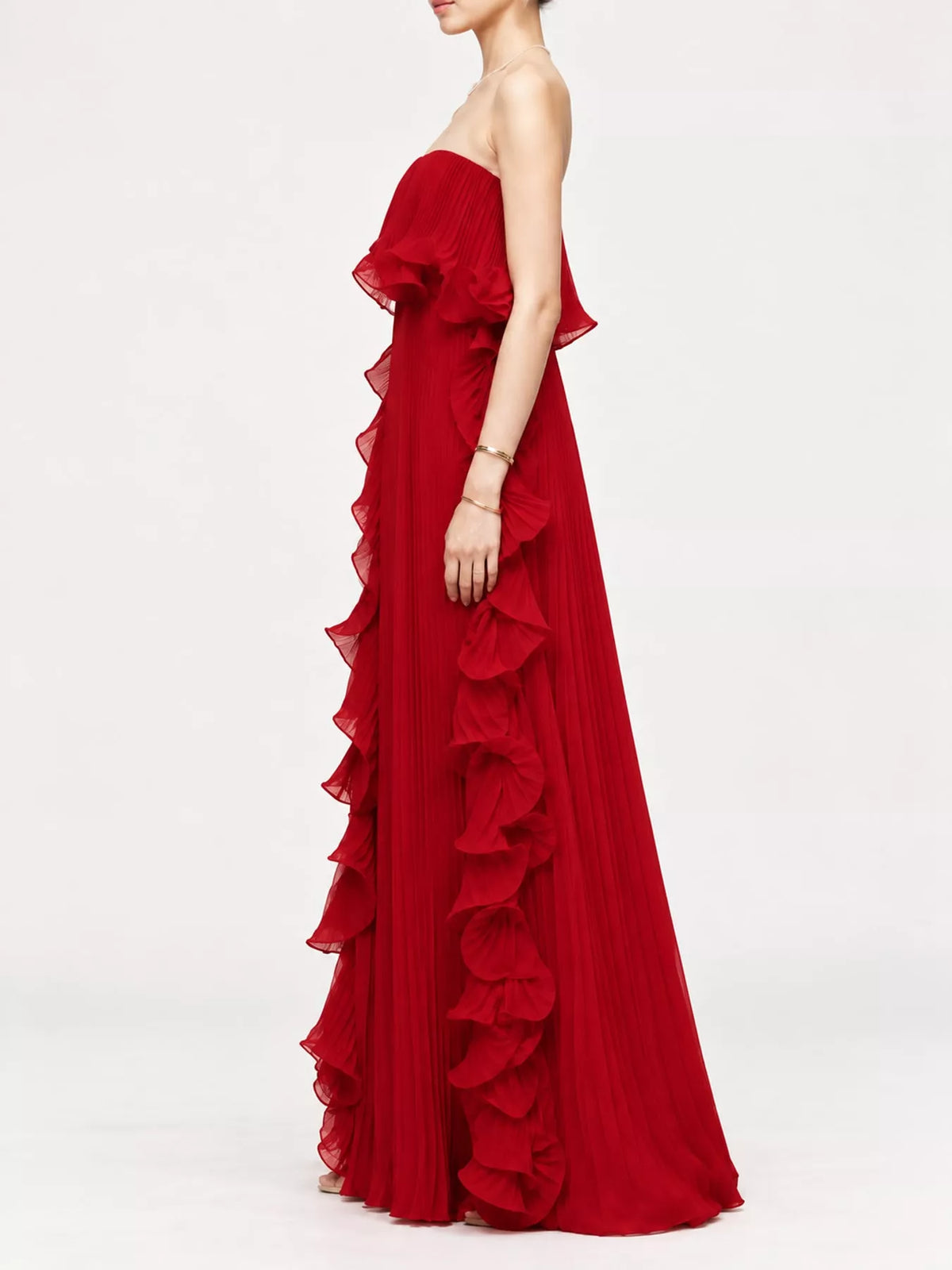 Ruffled Strapless Pleated Maxi Dress — side view