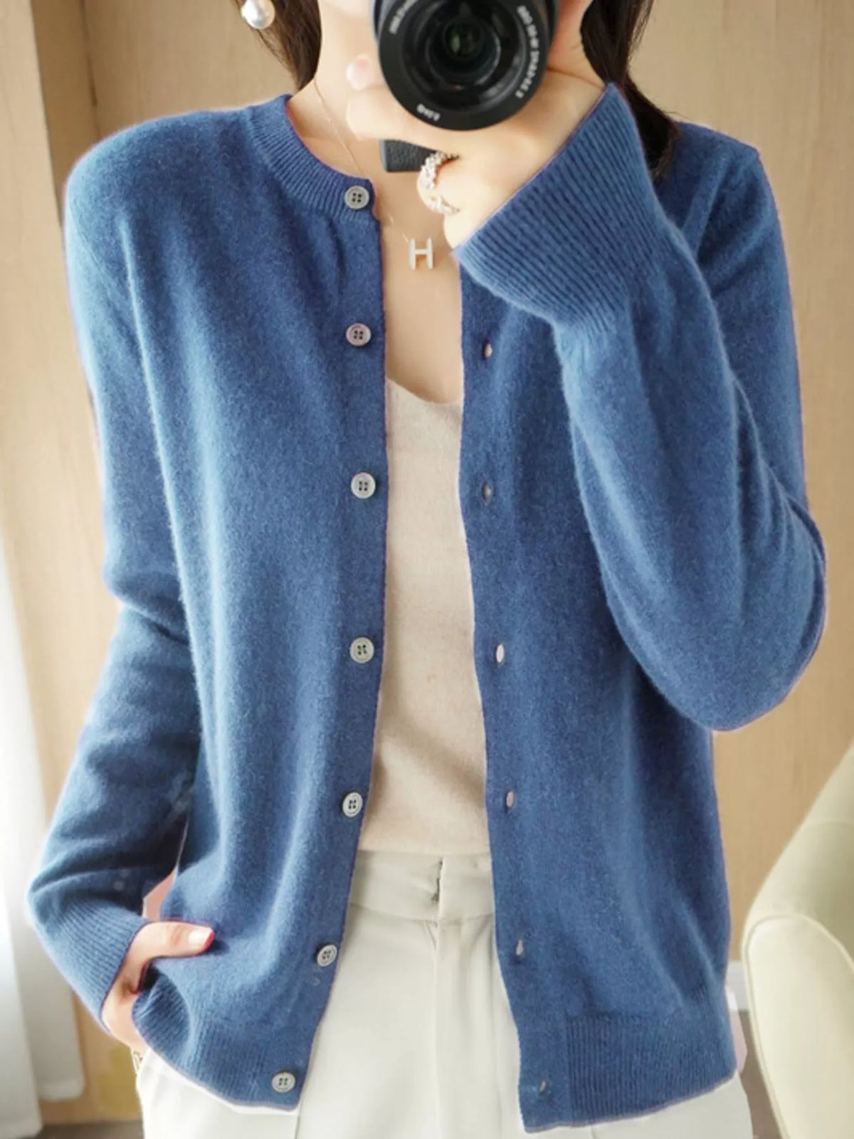 Blue crew neck button-front cardigan