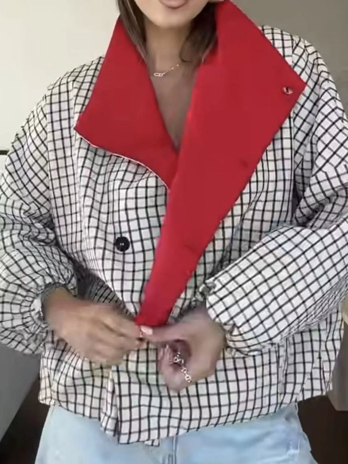 White and black check contrast lapel plaid jacket — front view