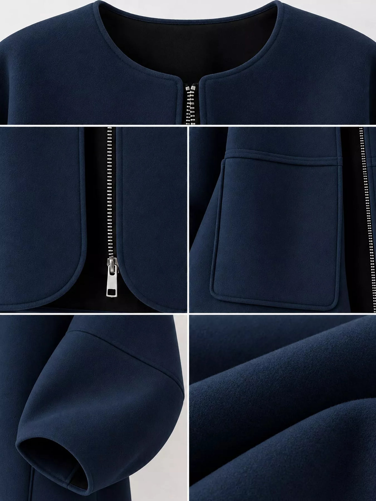 Navy oversized scuba-style coat, detail view