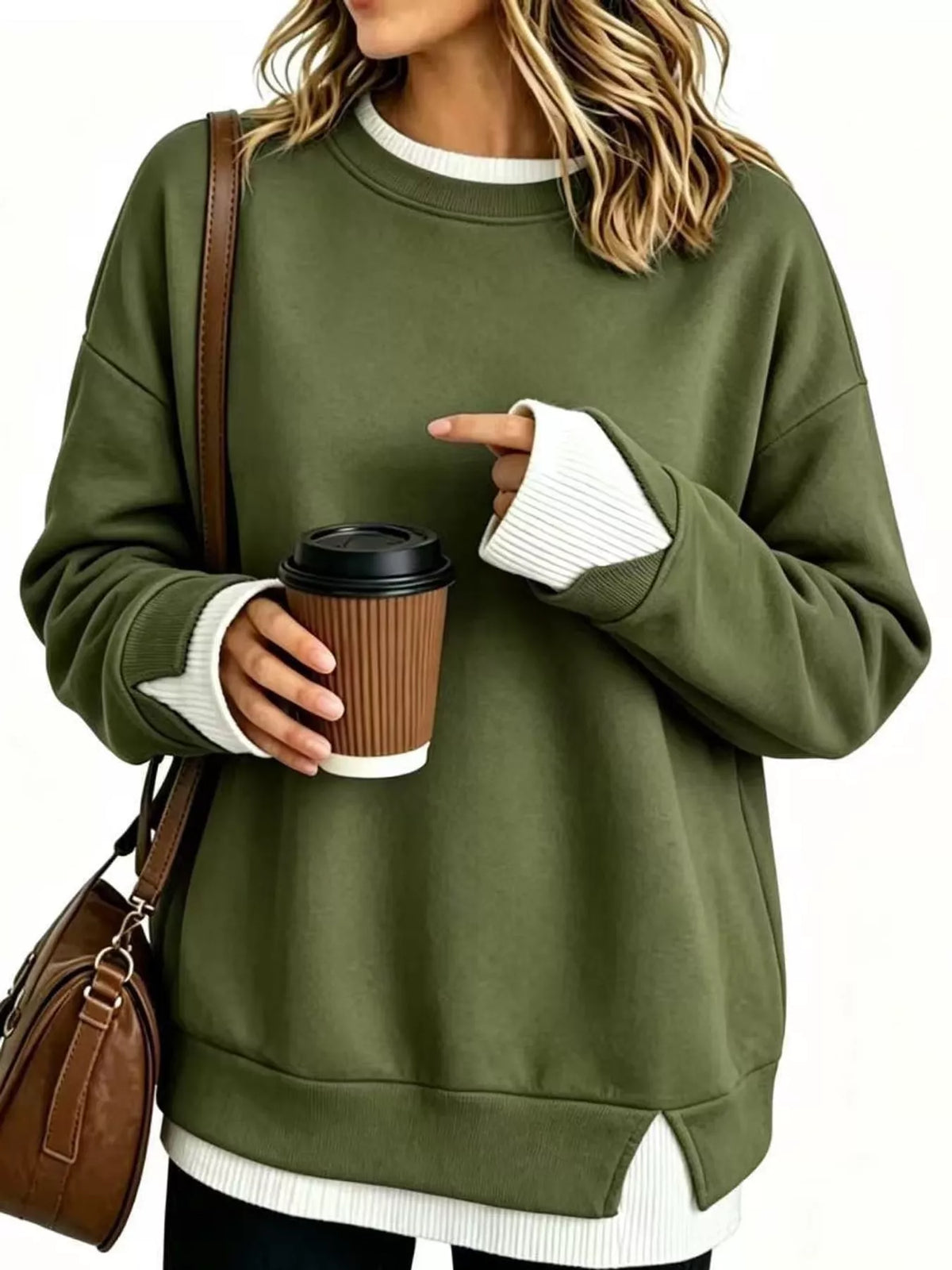 Layered Look Crew Neck Sweatshirt in green, front view