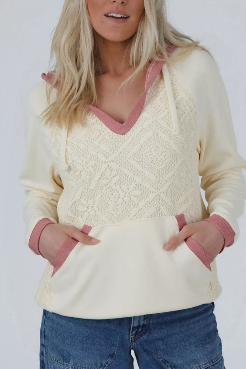 Trendsi Crochet Knit Contrast Trim Hoodie -
