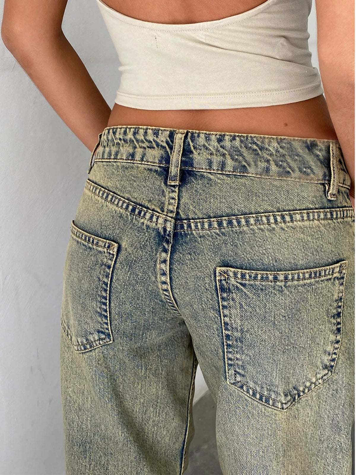 Vintage Wash Low-Rise Wide-Leg Jeans — construction details