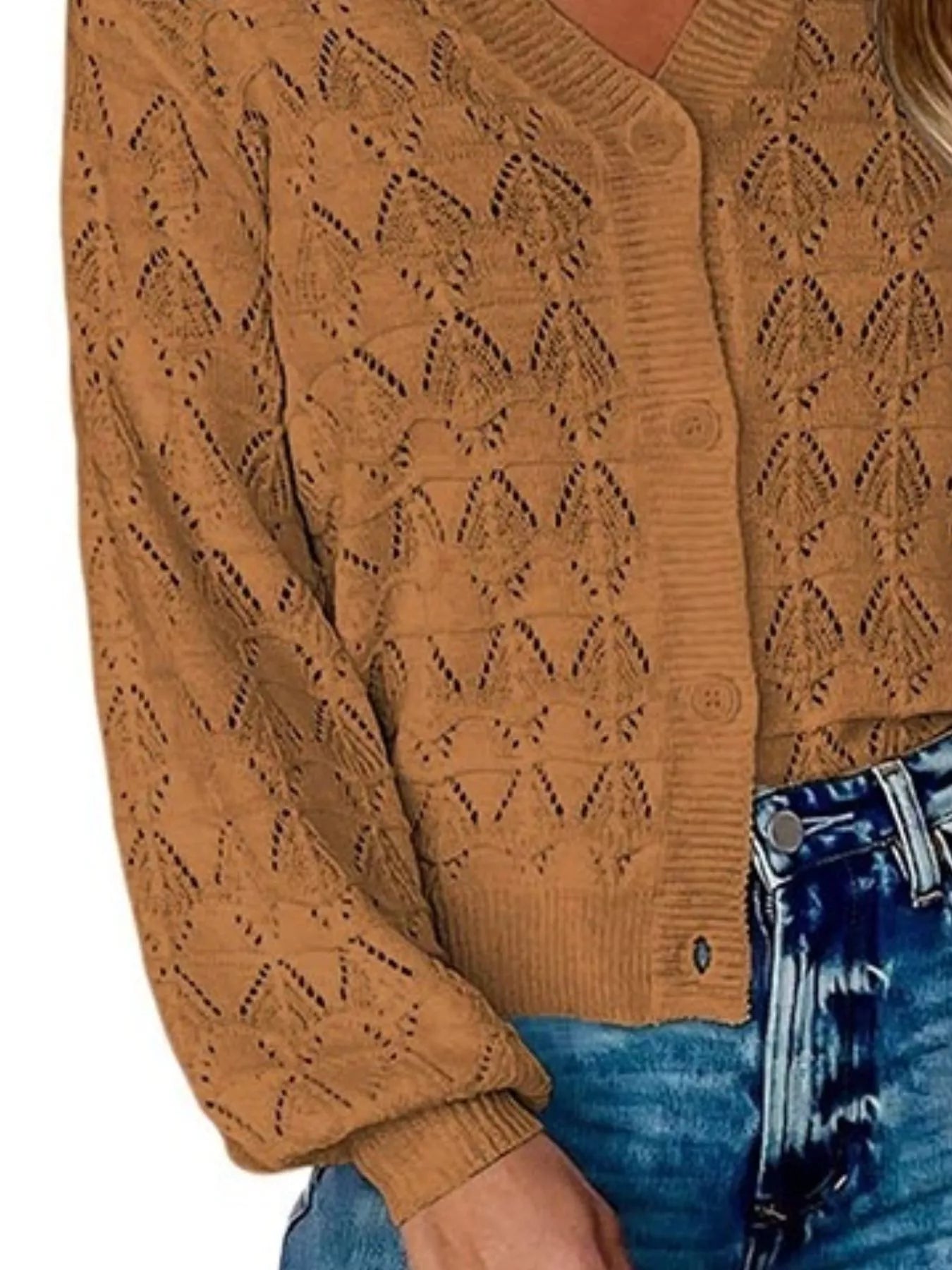 Trendsi Chic V-Neck Openwork Button-Down Knit Cardigan -