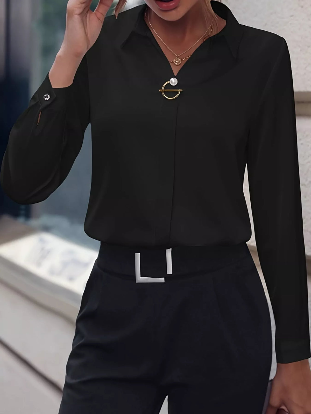 Women's Collared Clasp Detail Long Sleeve Satin Blouse in black — front view