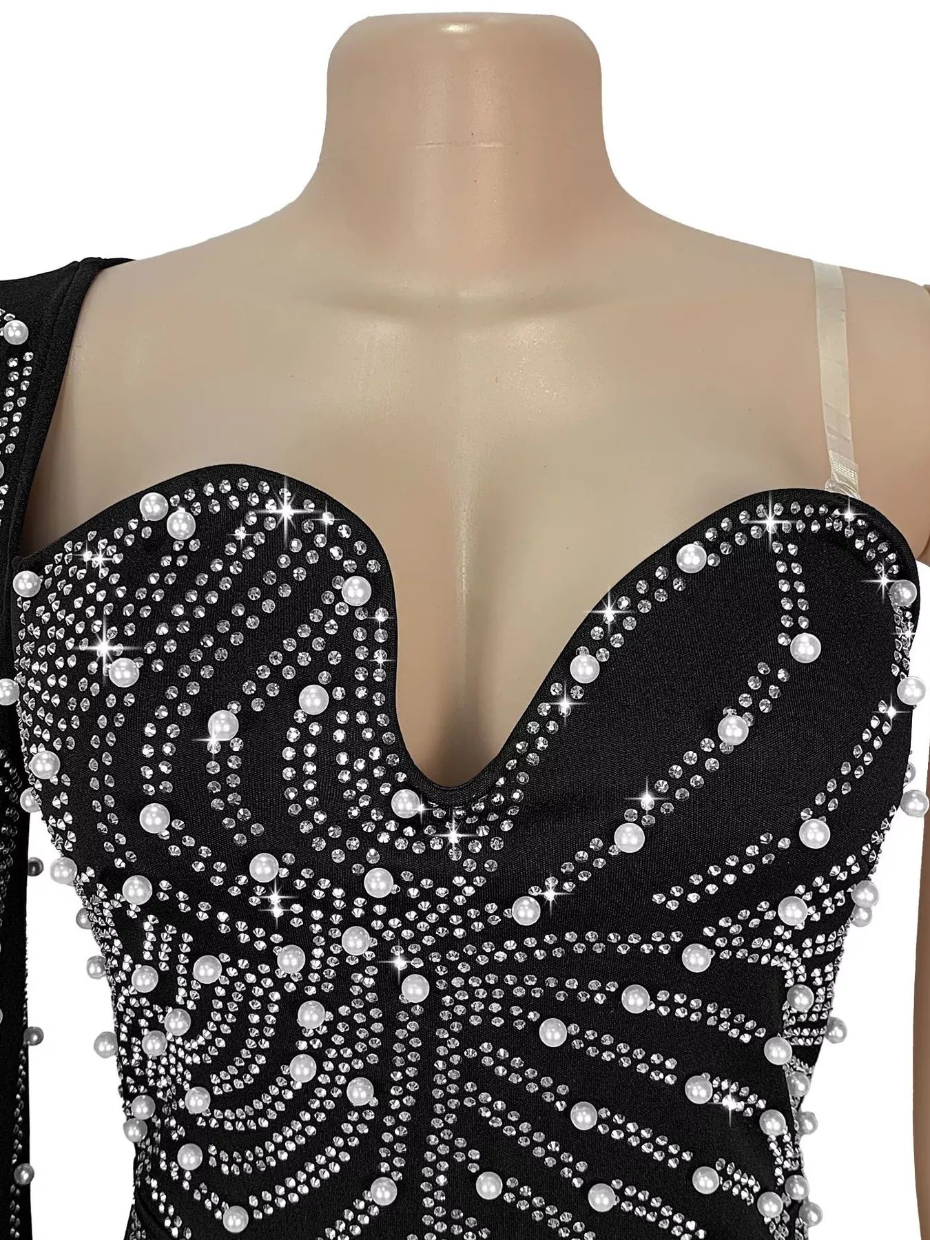 Trendsi Rhinestone Pearl Detail One-Shoulder Mermaid Maxi Dress -