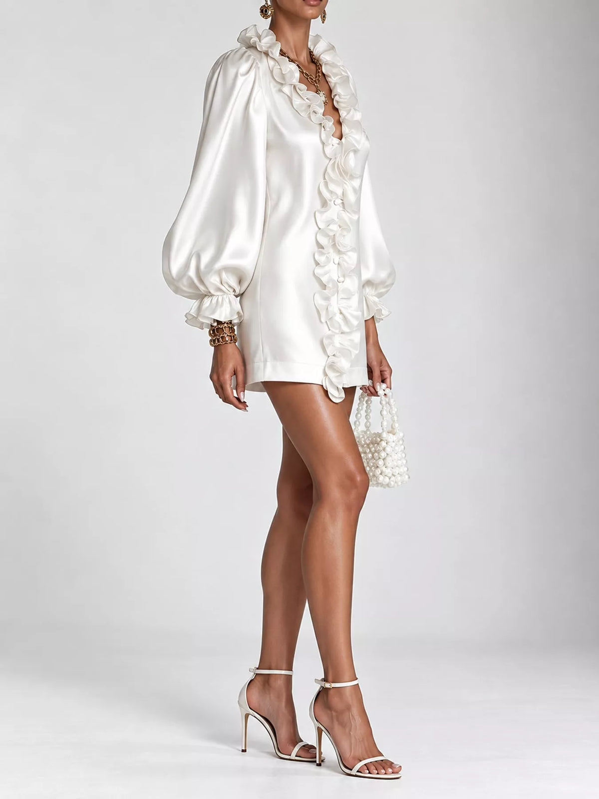Ruffle Trim Puff Sleeve Mini Dress in white, side view