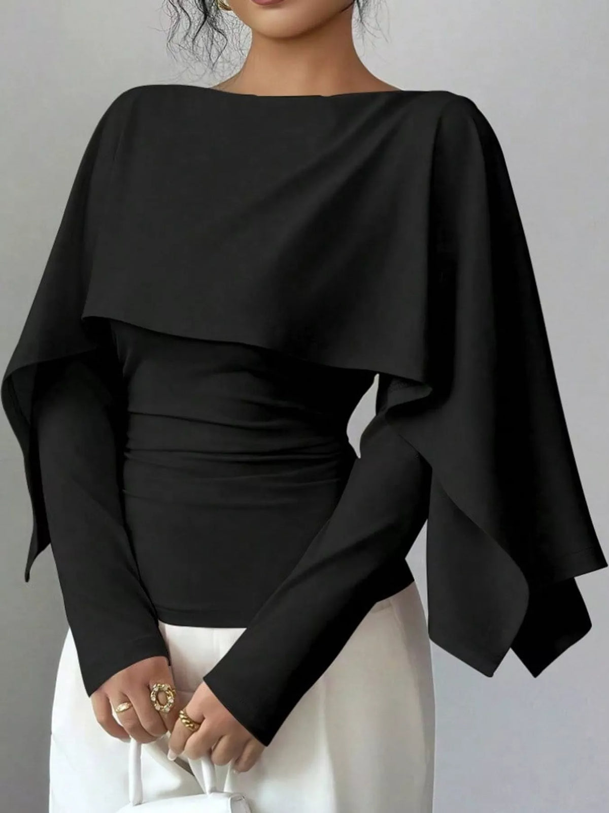 Layered Cape-Style Blouse with Slim-Fit Bodice — front view