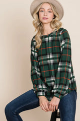 Trendsi BOMBOM Curved Hem Plaid Round Neck Long Sleeve Top -