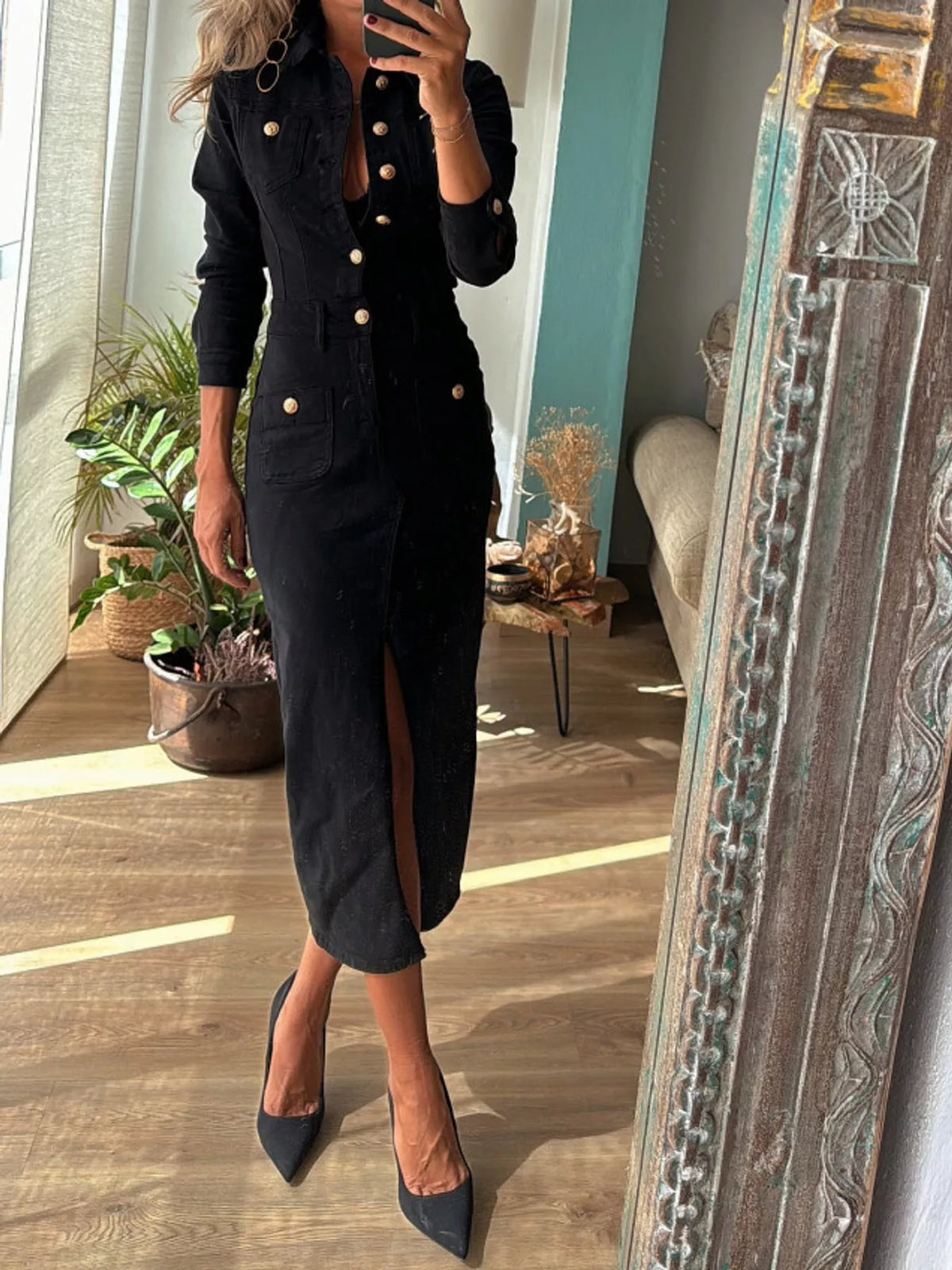 Black button front slim fit denim midi dress, front view