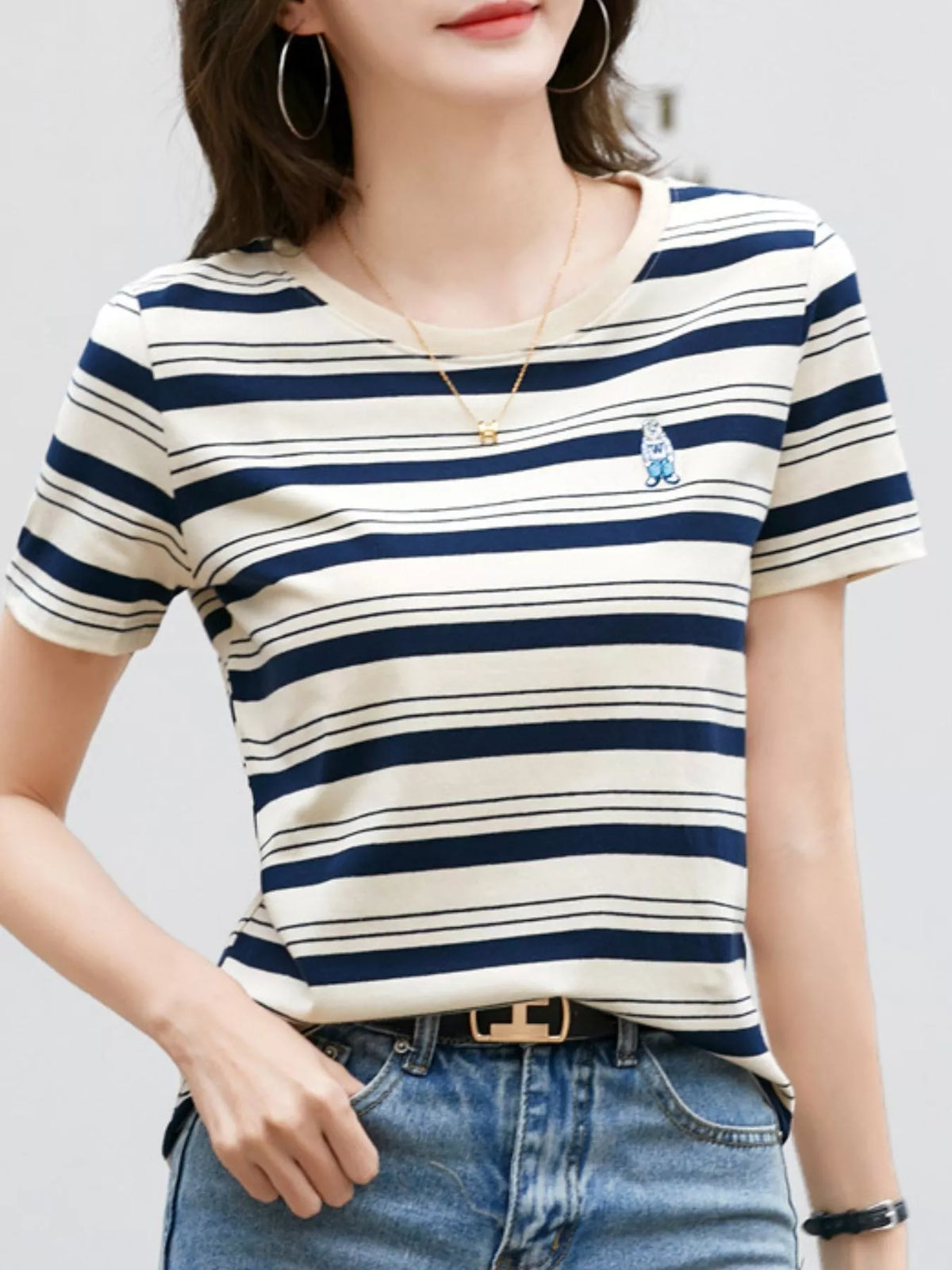 Blue - Striped striped crew neck embroidered t-shirt